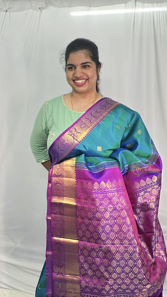 Double Shaded Turquoise Korvai Pure Silk Saree - VS3998