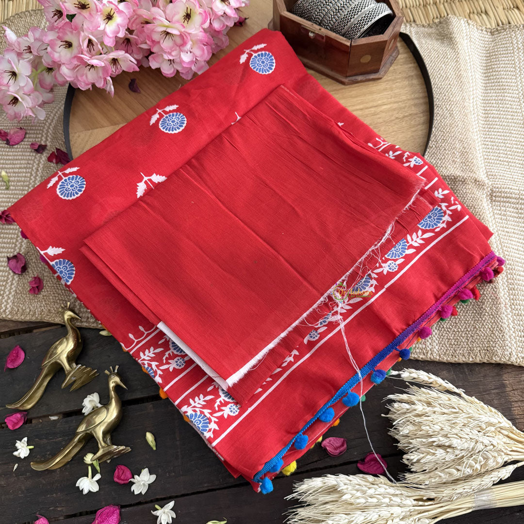 Vriksham Red Cotton Mulmul Saree With Pom Pom Lace-VS4434