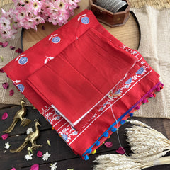 Vriksham Red Cotton Mulmul Saree With Pom Pom Lace-VS4434