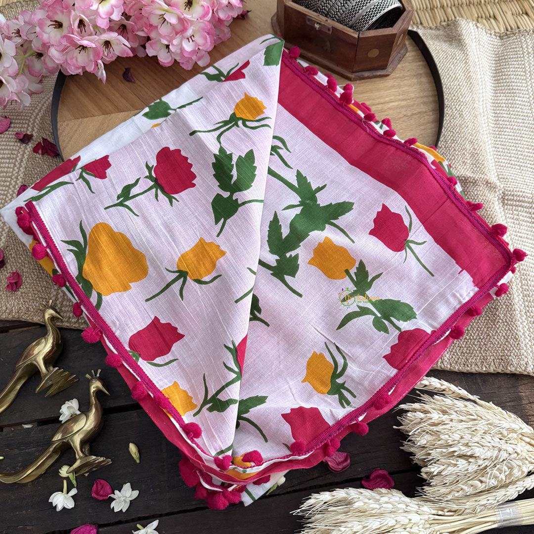 Vriksham White With Floral Print Cotton Mulmul Saree With Pom Pom Lace-VS4435