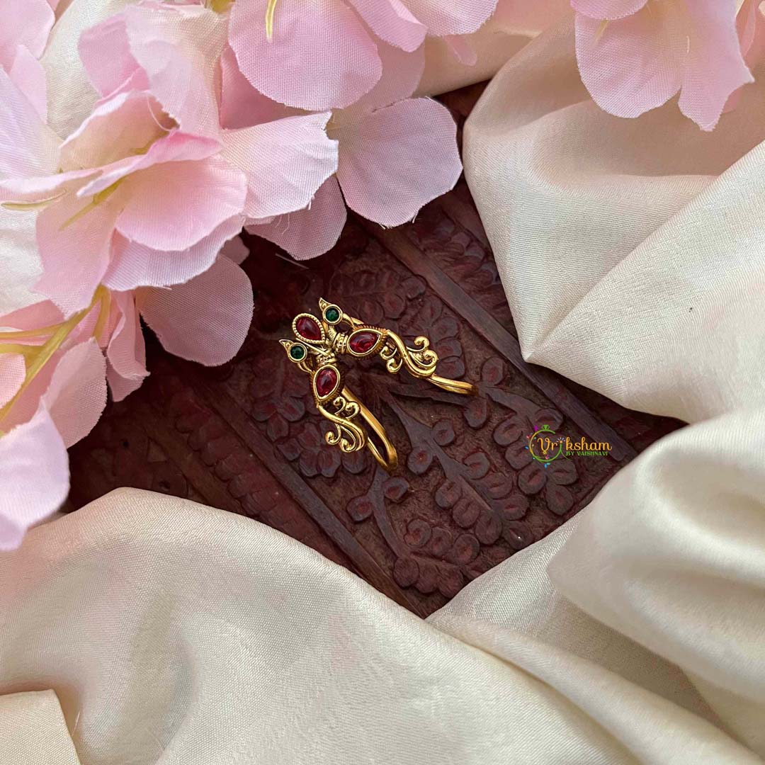 Vriksham Delicate Kemp Crescent Vanki Style Gold Kemp Finger Ring-Red Green-G21782