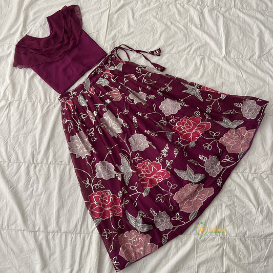 Grape Wine Colour Embroidered Girls Lehenga Set -VS3775