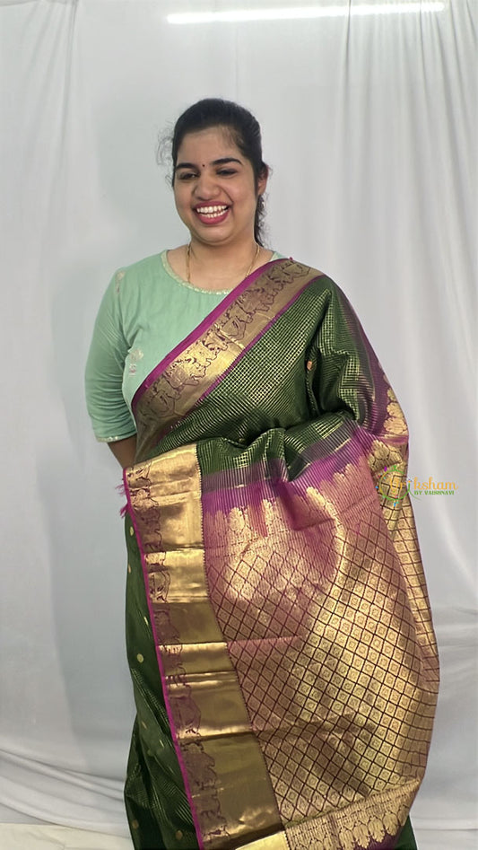 Dark Green Korvai Pure Silk Saree - VS3977