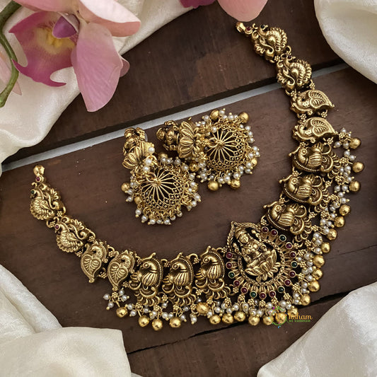 Gold Look Alike Lakshmi Short Neckpiece-Golden Beads-Pearls-G12640