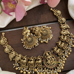 Gold Look Alike Lakshmi Short Neckpiece-Golden Beads-Pearls-G12640