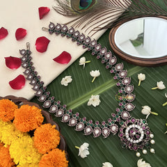 Vriksham Gold‑Tone Ruby Kemp Stone Floral Pendant Long Neckpiece-Red Green & White-Pearl-G19714