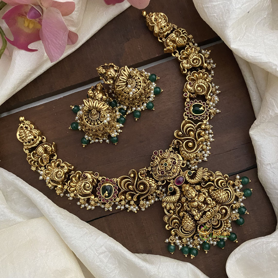 Antique Lakshmi Short Neckpiece-Green Beads-Pearls-G12633