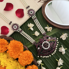 Vriksham Elegant Gold‑Tone Kemp Stone & Pearl Bridal Vaddanam Long Neckpiece-G19715