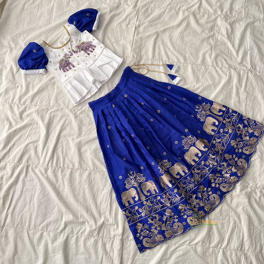 Dark Blue & White Colour Embroidered Girls Lehenga Set -VS3758