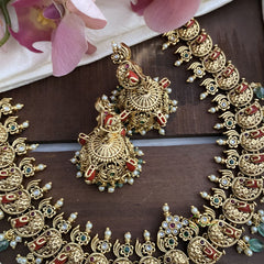 Antique Peacock Lakshmi Short Neckpiece-Green Beads-Pearls-Coral-G12643