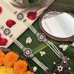 Vriksham South Indian Temple Kemp Floral Pendant 3 Layer Pearl Long Neckpiece-G19716