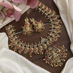 Antique Peacock Lakshmi Short Neckpiece-Golden Beads-Coral-G12644