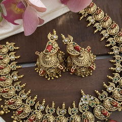 Antique Peacock Lakshmi Short Neckpiece-Golden Beads-Coral-G12644