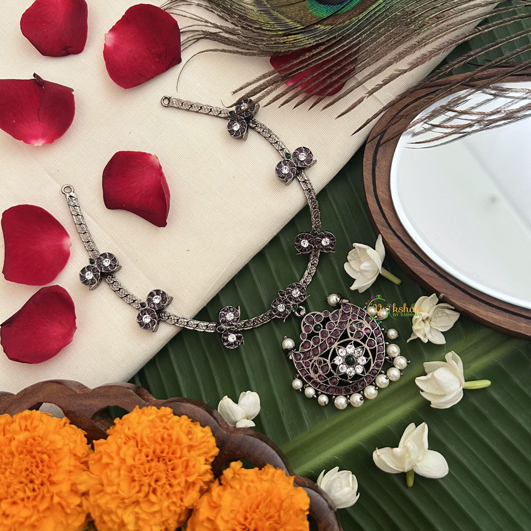 Vriksham Elegant Half Moon Black Kemp Stone Pendant Short Neckpiece-Pearl-G19717