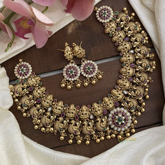 Antique Mayil Lakshmi Short Neckpiece-Golden Beads-Pearls-G12648