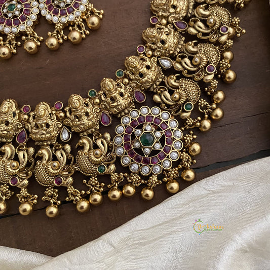 Antique Mayil Lakshmi Short Neckpiece-Golden Beads-Pearls-G12648