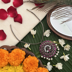 Vriksham Designer Peacock Round Black Kemp Stone Pendant Short Neckpiece-Pearl-G19718