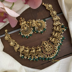 Gold Look Alike Lakshmi Short Neckpiece-Green Beads-Pearls-G12641