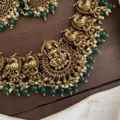 Gold Look Alike Lakshmi Short Neckpiece-Green Beads-Pearls-G12641