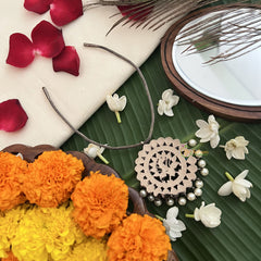 Vriksham Designer Peacock Round Black Kemp Stone Pendant Short Neckpiece-Pearl-G19718