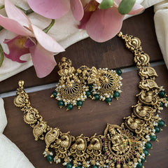 Gold Look Alike Lakshmi Short Neckpiece-Green Beads-Pearls-G12641