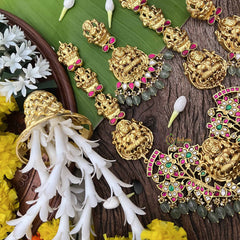 Vriksham Lakshmi Idol With Floral Kundan Jadau Long Neckpiece-Red Green & White-Green Bead-J3996