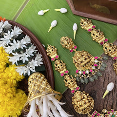 Vriksham Lakshmi Idol With Floral Kundan Jadau Long Neckpiece-Red Green & White-Green Bead-J3996