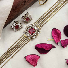Vriksham Designer Gold Alike Square Pendant AD Stones Choker Neckpiece-Red-G20399