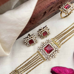 Vriksham Designer Gold Alike Square Pendant AD Stones Choker Neckpiece-Red-G20399