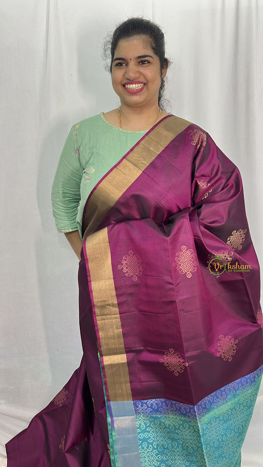 Grape Wine Color Kolam Butta Kanchi Pure Soft Silk Saree - VS4014