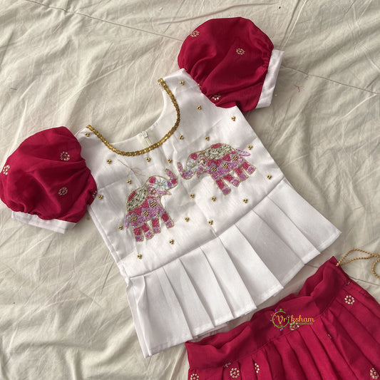Barbie Pink & White Colour Embroidered Girls Lehenga Set -VS3760
