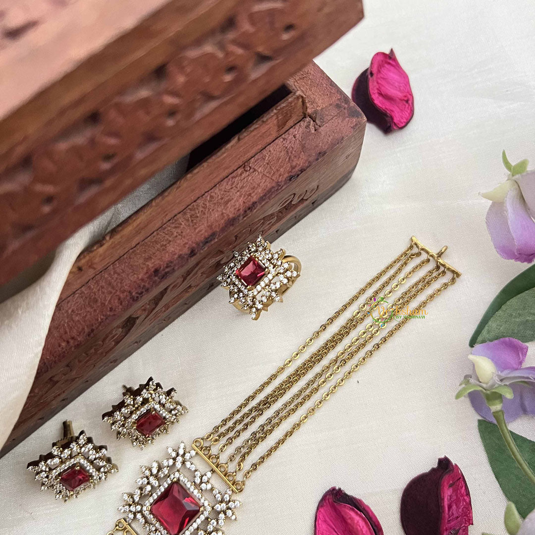Vriksham Designer Gold Alike Square Pendant AD Stones Choker Neckpiece-Red-G20399