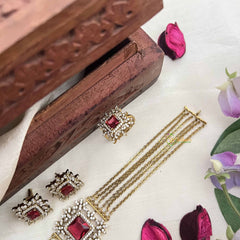 Vriksham Designer Gold Alike Square Pendant AD Stones Choker Neckpiece-Red-G20399