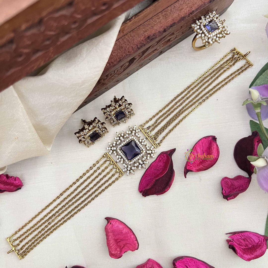Vriksham Designer Gold Alike Square Pendant AD Stones Choker Neckpiece-Purple-G20400