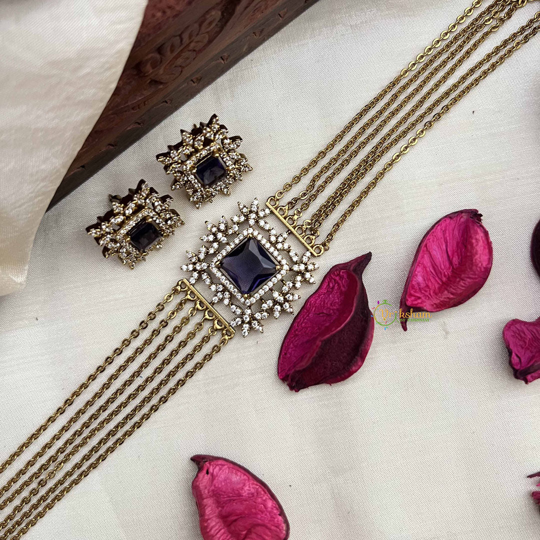 Vriksham Designer Gold Alike Square Pendant AD Stones Choker Neckpiece-Purple-G20400