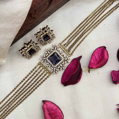 Vriksham Designer Gold Alike Square Pendant AD Stones Choker Neckpiece-Purple-G20400
