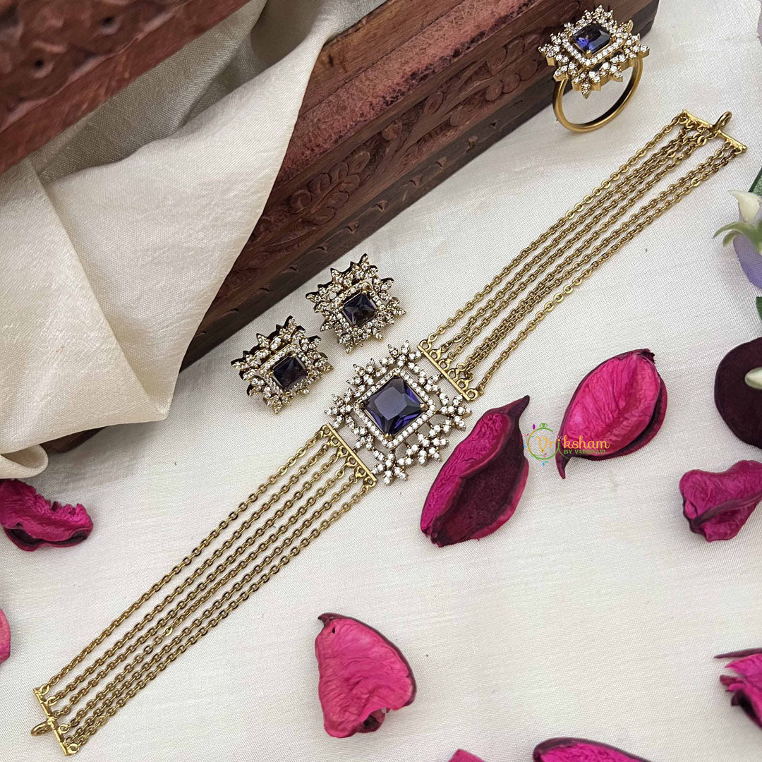 Vriksham Designer Gold Alike Square Pendant AD Stones Choker Neckpiece-Purple-G20400