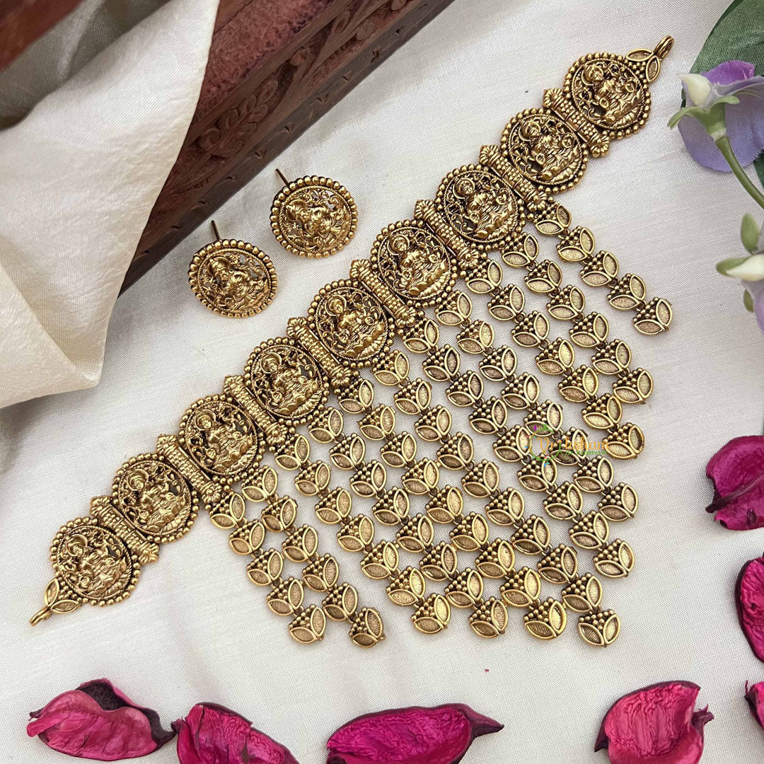 Vriksham Elegant Golden Lakshmi With Leaf Drop Line Choker Neckpiece-G20391