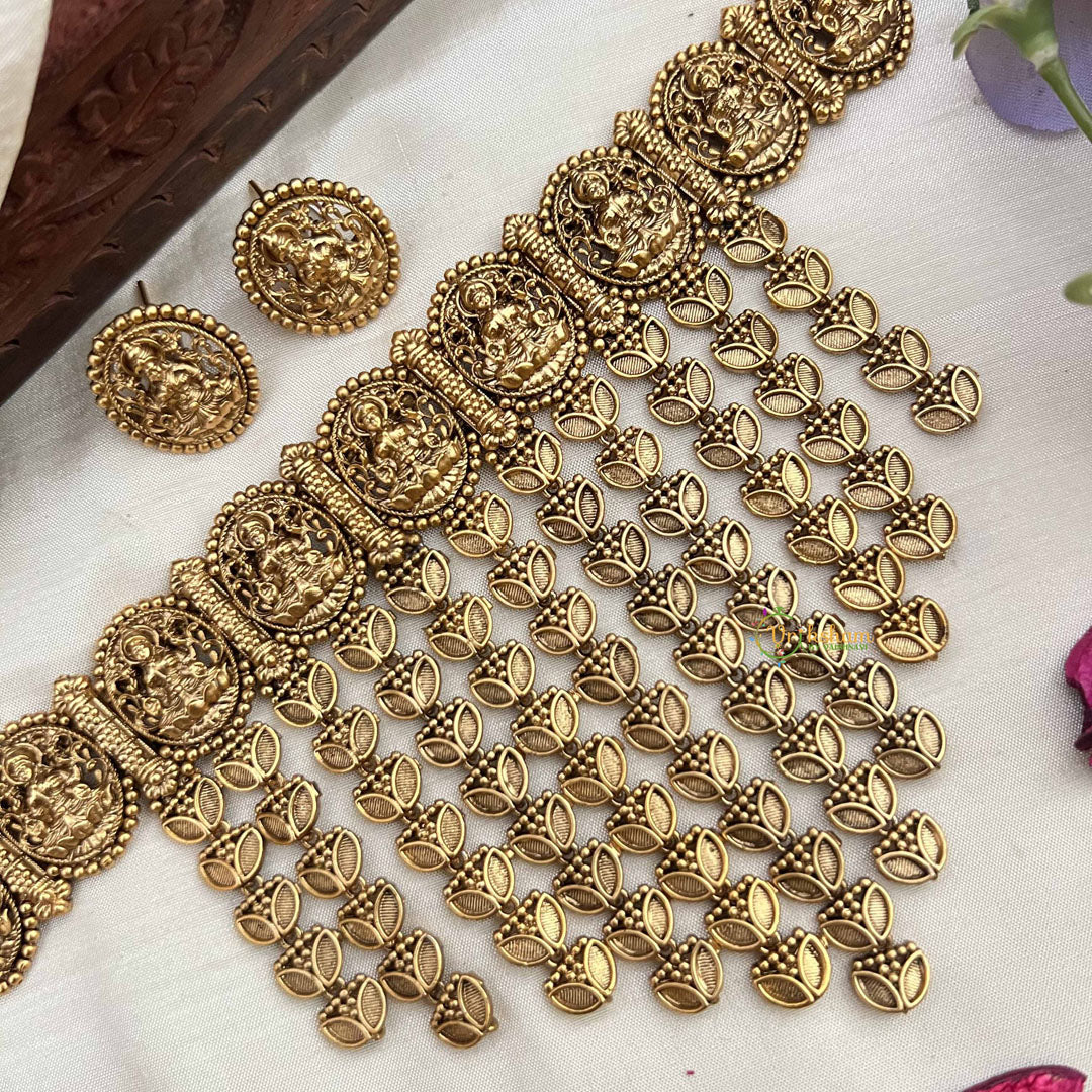 Vriksham Elegant Golden Lakshmi With Leaf Drop Line Choker Neckpiece-G20391
