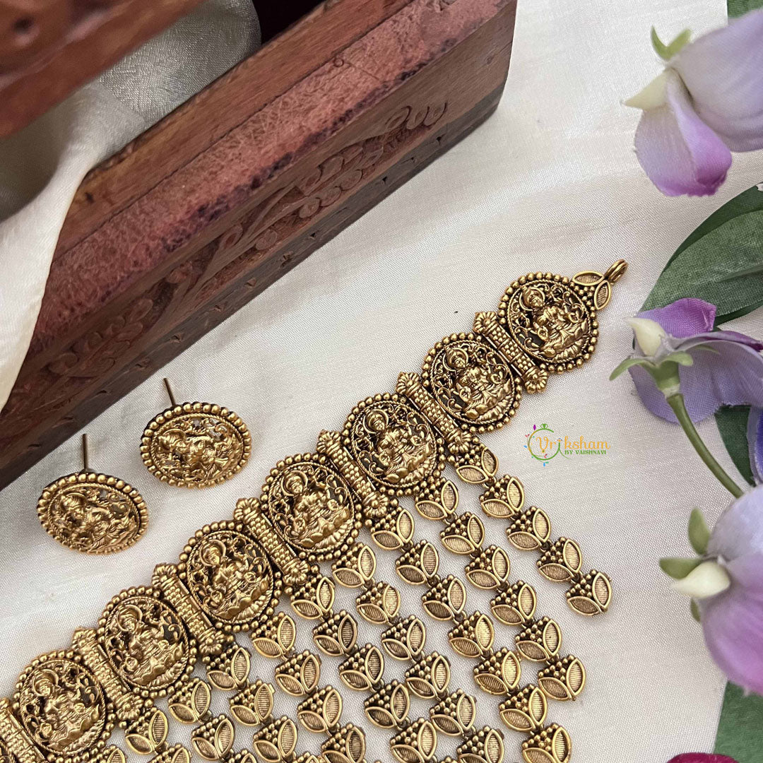 Vriksham Elegant Golden Lakshmi With Leaf Drop Line Choker Neckpiece-G20391