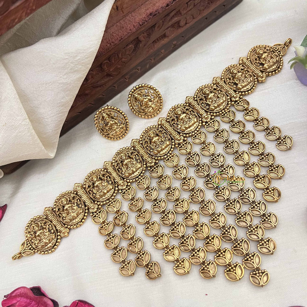 Vriksham Elegant Golden Lakshmi With Leaf Drop Line Choker Neckpiece-G20391
