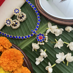 Vriksham Temple-inspired Kemp pendant necklace With dangling Pearl Fringe Neckpiece-Blue Red-G19722