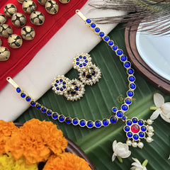 Vriksham Temple-inspired Kemp pendant necklace With dangling Pearl Fringe Neckpiece-Blue Red-G19722