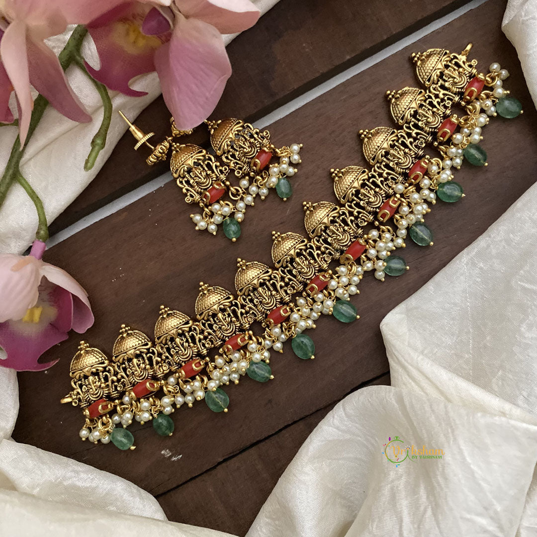 Premium Ganpati Temple High Neck Choker-Pastel Green Beads-Coral-G12627