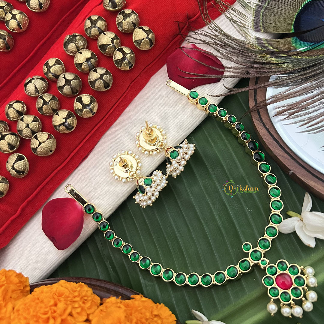 Vriksham Temple-inspired Kemp pendant necklace With dangling Pearl Fringe Neckpiece-Green Red-G19723