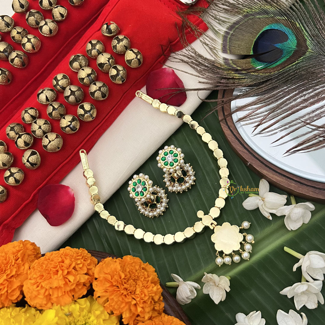 Vriksham Temple-inspired Kemp pendant necklace With dangling Pearl Fringe Neckpiece-Green Red-G19723