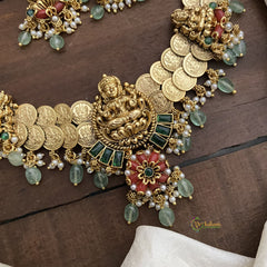 Premium Lakshmi Coin Short Neckpiece-Aqua Green Beads-Pearls-G12635