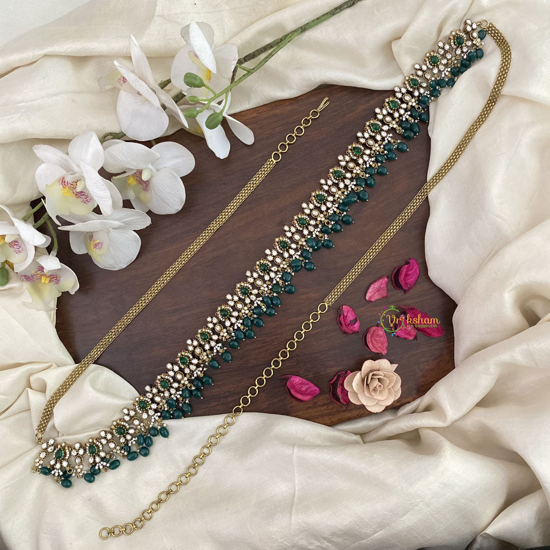 Vriksham Dual Peacock Green Victorian Diamond Bridal Hip Chain-Green Bead-G17614