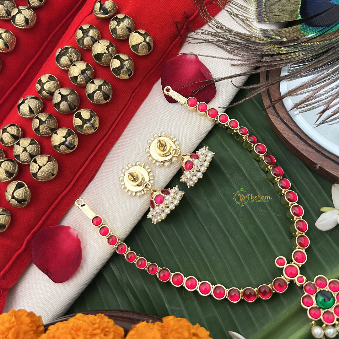 Vriksham Temple-inspired Kemp pendant necklace With dangling Pearl Fringe Neckpiece-Red Green-G19724