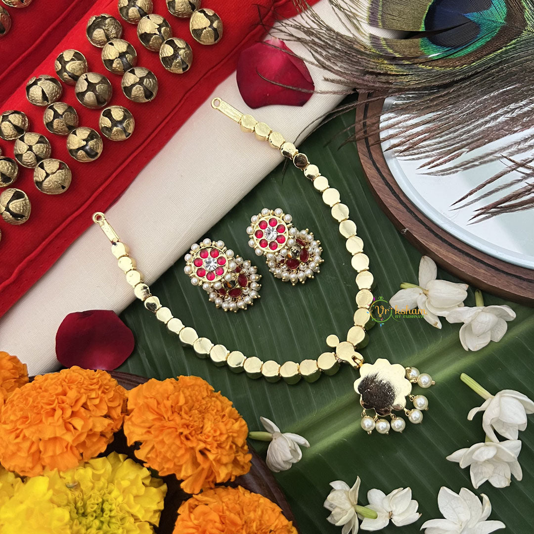 Vriksham Temple-inspired Kemp pendant necklace With dangling Pearl Fringe Neckpiece-Red Green-G19724